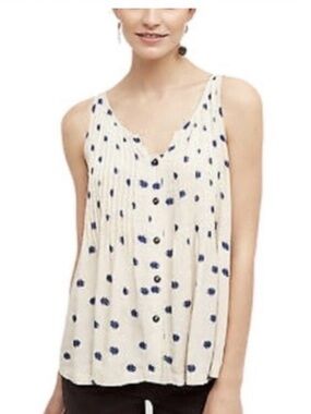 Anthropologie Maeve SZ 10 Cream - Navy Saona Polka Dot Pintuck Swing Tank Top